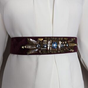 Miss Sixty Bejewelled leather belt womens stretch rhinestone burgundy s